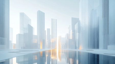 An abstract arrangement of corporate buildings in a modern style, leaving room for advertising. This visually striking layout highlights the essence of urban sophistication and business innovation.の素材