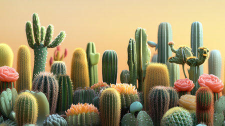 A collection of different cacti varieties arranged artistically, showcasing their beauty and air-purifying benefits. The background offers space for abstract advertising.の素材