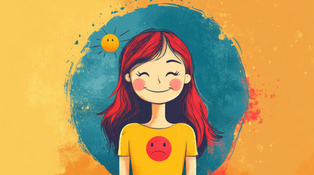 Cartoon girl with a happy smiley face and a sad face on a solid color background. The contrasting emotions make for an engaging visual, perfect for expressive content.の素材