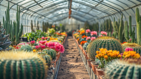 Rows of vibrant cactus flowers and air-purifying trees in a nursery, surrounded by a serene, abstract green ambiance, promoting a sense of tranquilityの素材