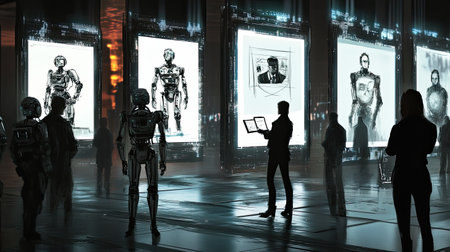 Abstract art room filled with robot people from the future, each drawing a picture of themselves, creating a striking contrast between technology and art.の素材