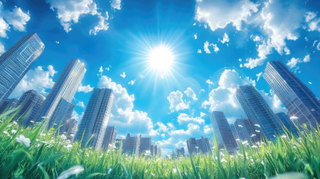 Anime-style grass field with towering corporate buildings under a bright sun, blue sky, and white clouds, captured through a fisheye perspective.の素材