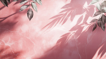 Beautiful pink marble wall with white veins and light rays creating shadows of leaves, an ideal backdrop for product displays.の素材