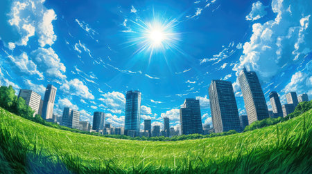 Hand-drawn anime scene of a grassy field with corporate skyscrapers, sun shining brightly, blue sky, and white clouds, viewed through a fisheye lens.の素材