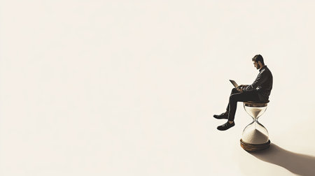 An abstract scene featuring a man working while seated on an hourglass, with a stark white background providing plenty of advertising space.の素材