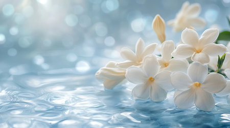 Elegant white double jasmine flowers stand out against a delicate light blue abstract background, offering a fresh and inviting atmosphere with space for advertisements.の素材