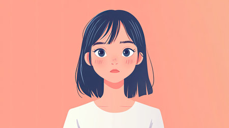 A clean, minimalist image of a cartoon girl with both a joyful and a sorrowful face on a uniform background. Suitable for clear, emotional expression.の素材
