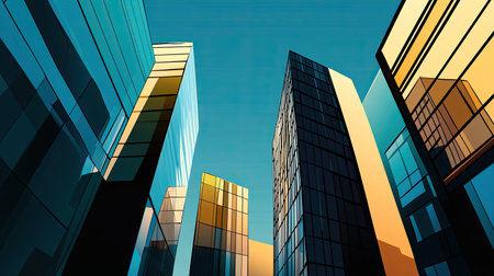 A series of corporate buildings in a modern, abstract style, aligned perfectly with space left for advertising. This contemporary scene is ideal for business and real estate marketingの素材