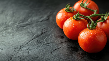 Fresh tomatoes in close-up on a dark stone background, with ample copy space. Perfect for showcasing the freshness and quality of produce.の素材