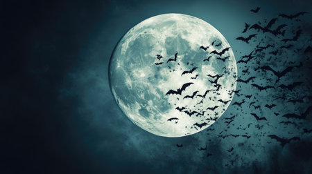 A large full moon is centered, surrounded by numerous small black bat silhouettes. The abstract 3D style adds a hauntingly beautiful effect, perfect for Halloween-themed designs.の素材