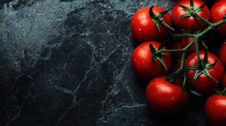 Freshly harvested tomatoes in vivid red, set against a dark stone background. Close-up shot with plenty of copy space for text or brandingの素材