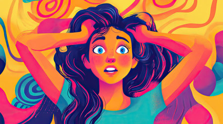 Animated girl tying her hair, expressing different emotions like joy, sadness, and surprise, in a vibrant and colorful style.の素材