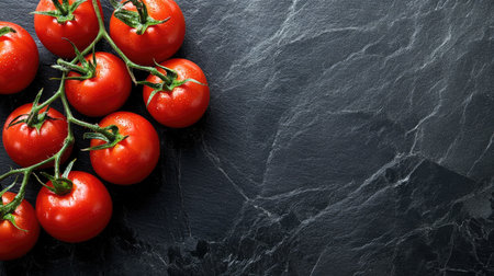 Close-up of juicy, fresh tomatoes laid out on a dark stone surface, offering a striking contrast and space for copy.の素材