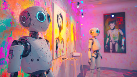 Futuristic robots drawing their self-portraits in a colorful, abstract art room, showcasing a unique blend of technology and artistic expression.の素材