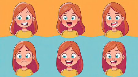 Cartoon girl with distinct happy and sad expressions against a solid color backdrop. Perfect for illustrating varied emotional states in a simple, direct manner.の素材