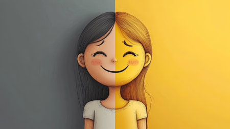 Cartoon girl with a happy smiley face and a sad face on a solid color background. The contrasting emotions make for an engaging visual, perfect for expressive content.の素材