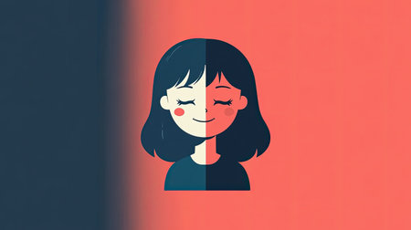 A minimalist image with a cartoon girl displaying a happy and a sad face on a uniform color background. Perfect for conveying varied emotions in a straightforward manner.の素材