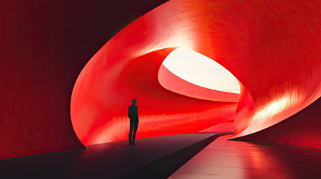 A person stands in a red curved abstract architectural space, bathed in surreal light. 3D rendering showcasing futuristic design and human presence.の素材
