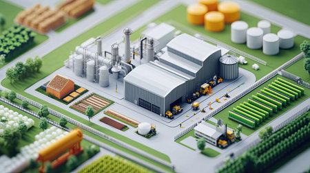 Diagram of an agribusiness operation, showcasing various stages from farming to food processing, aimed at maximizing efficiency.の素材
