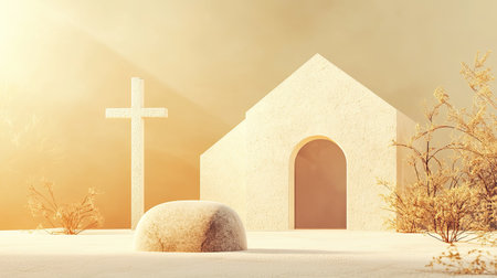 Abstract representation of a church, tombstone, and cross in a Christian context, showcasing faith and spirituality. Suitable for international religious visuals.の素材