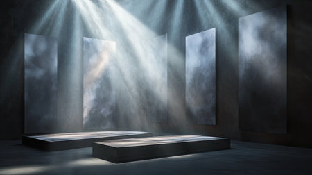 Empty display stands under a dramatic spotlight, set in an abstract style. The illuminated stands create a captivating visual focus, ready for product placement.の素材