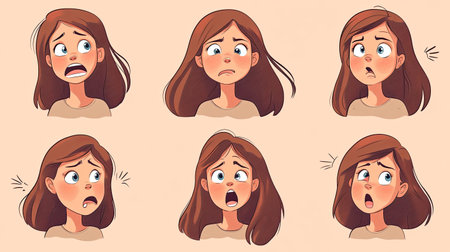 Cartoon girl with a variety of facial expressions on a plain color background. Each emotion is vividly depicted, ideal for illustrating different moods.の素材