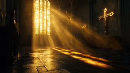 3D render of a dark church interior illuminated by sun rays through a crucifix-patterned window. Reflective and sacred ambiance.の素材