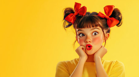 Happy cartoon girl tying her hair with red bows, dressed in a yellow shirt, licking her lips against a one-color backdrop.の素材