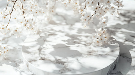 Top view of a marble podium with beautiful white flowers, ideal for creating a sophisticated product display.の素材