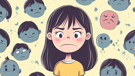 One color background featuring a cartoon girl with happy and sad facial expressions. The clear contrast in her emotions is ideal for a variety of content needs.の素材