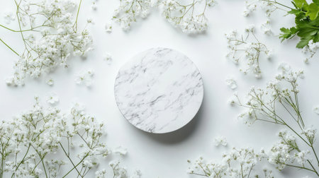 Top view of a marble podium adorned with white flowers, creating an elegant and serene setting for product placement.の素材