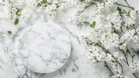 Top view of a marble podium with beautiful white flowers, ideal for creating a sophisticated product display.の素材