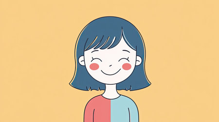 Simple, minimalist cartoon girl displaying both happiness and sadness on a single-colored background. Designed for clear, effective emotional communication.の素材