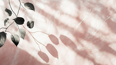 Stylish pink marble wall with delicate white veins and leaf shadows created by light rays, perfect for product presentations.の素材