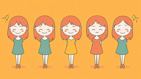 Minimalist cartoon girl with clear happy and sad faces on a uniformly colored background. Ideal for straightforwardly expressing a range of emotions.の素材