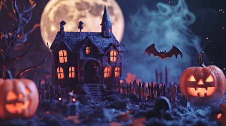 Eerie Halloween night graveyard with full moon, homemade cutout shapes, haunted house, bats, and fondant icing pumpkin Jack O'lanterns. Ideal for Halloween-themed greeting cardsの素材