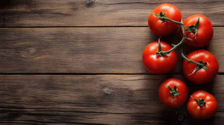 Various tomato types placed on a rough wooden table, with ample space for advertising.の素材