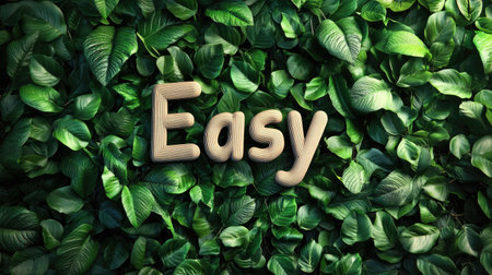 3D 'Easy Buys' text set against a lush field of leaves. AI-generated design with space for ads. Perfect for eco-friendly and nature-themed promotions.の素材
