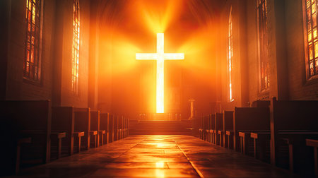 Glowing cross in a church bathed in light, abstractly conveying the core beliefs of Christianity. Suitable for religious and spiritual imagery.の素材