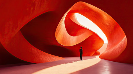 Human figure in a vibrant red curved abstract architectural environment, captured in a stunning 3D render. Perfect for modern art and design themes.の素材
