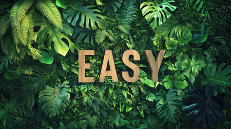Lush 3D 'Easy Buys' text on a leafy landscape. AI design with space for advertisements. Ideal for green products and eco-conscious themes.の素材