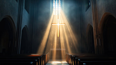 Beam of light illuminating the cross in a church, representing the essence of Christianity in an abstract and universal manner. Ideal for faith-based visuals.の素材