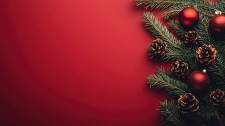 A cheerful Christmas flat lay featuring fir branches and decorative baubles on a vibrant red background, with space left for adding text or holiday greetings.の素材