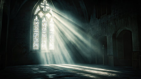 Dark church interior with sun rays illuminating through a crucifix-patterned glass window. A 3D render showcasing spiritual and serene ambiance.の素材