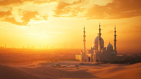 Sunset over a desert with a detailed miniature model of a grand mosque. The golden light enhances the serene and sacred ambiance.の素材