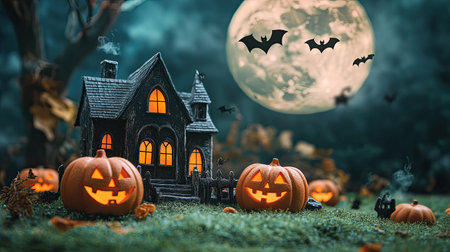 Haunting Halloween graveyard scene with full moon, bats, haunted house, and orange pumpkin Jack O'lanterns. Artificial grass surface for a spooky touch. Great for greeting cards.の素材