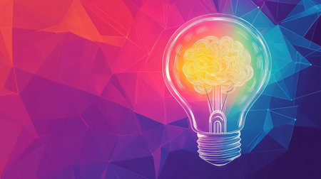 Bright multi-colored background with a light bulb and brain inside, symbolizing creativity and innovation. Perfect for marketing themes.の素材