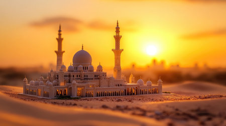 Desert setting with a miniature model of a grand mosque illuminated by the warm hues of sunset. A peaceful and spiritual depiction.の素材