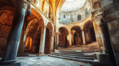 Interior of the Church of the Holy Sepulchre, Jerusalem, Israel. Ancient architecture and sacred atmosphere of this historic religious site.の素材