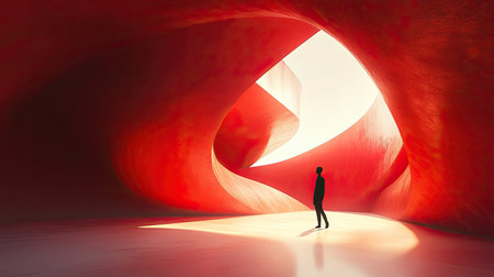 Person within a red curved abstract architectural space, rendered in 3D. Dynamic composition ideal for showcasing cutting-edge design concepts.の素材